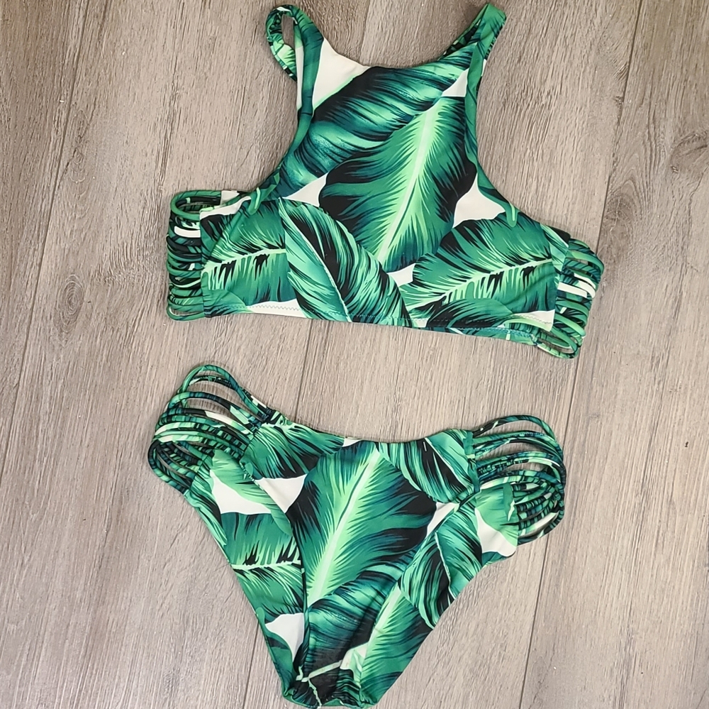 Cupshe tropical palm leaf halter top bikini with side strap cutout bottoms
